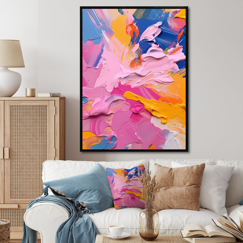 Pink Blue and Yellow Liquid Art VI - Print, 20" H x 12" W x 1" D, Black Floater Framed