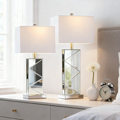 Modern Mirrored Bedside Table Lamps Set Of 2 With 3-Way Color Temperature, White Fabric Shade And Included LED Bulbs For Living Room And Bedroom