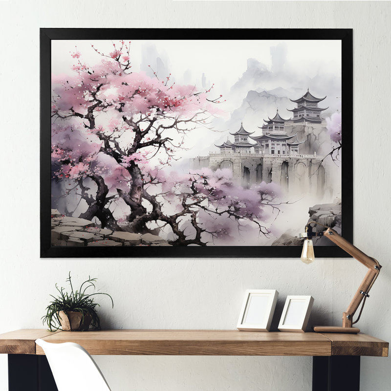 Rose, paysage floral japonais, paysage I - Japon, art mural, Cadre d'angle fermé noir, H 30 po x l 40 po x P 1,5 po