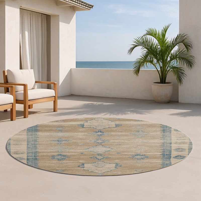 Overdyed Beige Indoor and Outdoor Area Rug, Round 5'
