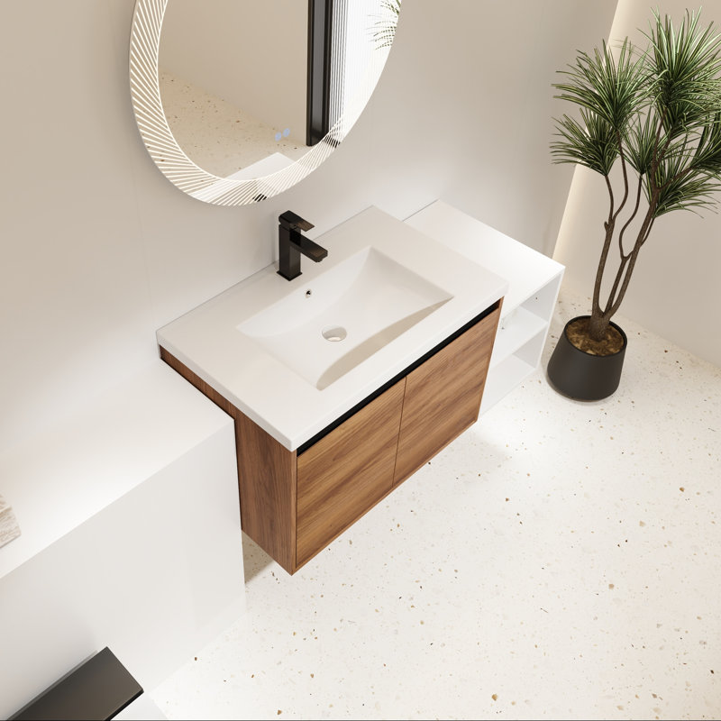 Meuble-lavabo mural avec lavabo en résine, une tablette et deux portes à fermeture en douceur, 42"