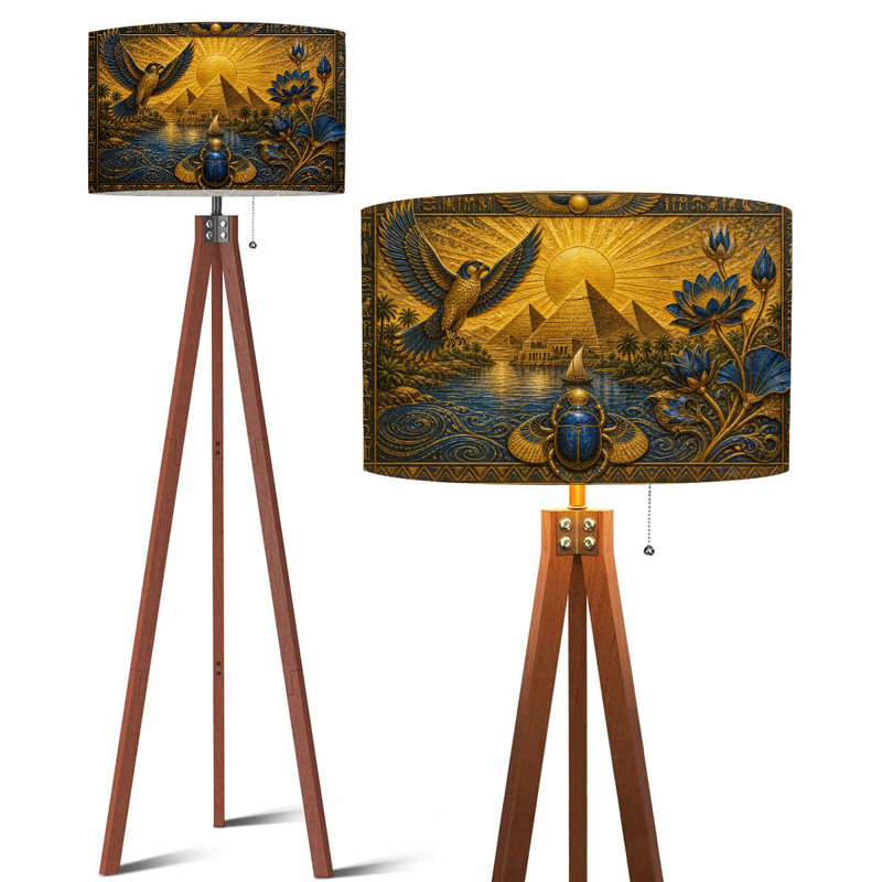Lampe sur pied de style égyptien, pyramides, fleurs de lotus, scarabées, DEL à intensité variable avec télécommande, pieds en hêtre et abat-jour en lin amovible, idéal pour un appartement de style campagnard, un salon ou une chambre.
