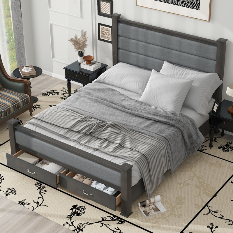 Lit plateforme en bois avec tête de lit, pied de lit et 2 tiroirs, Gris antique