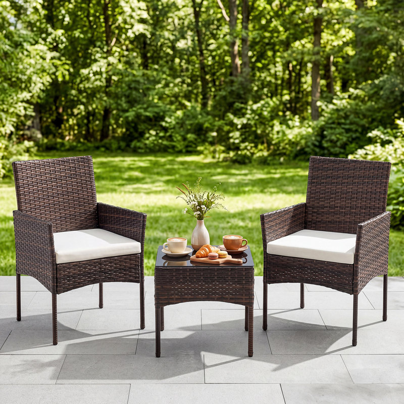 3 Piece Outdoor Wicker Conversation Set, 3 Piece Rattan Patio Bistro Set with Cushions & Glass Table, Brown