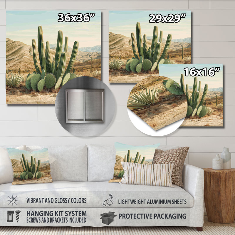 Cactus et les montagnes du désert III - art mural en métal Cactus pour le salon, H 16 po x l 16 po