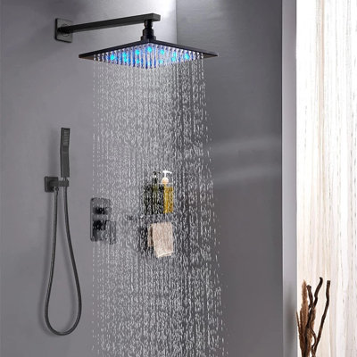 Robinet de douche noir avec système de douche à pluie 16 po à DEL