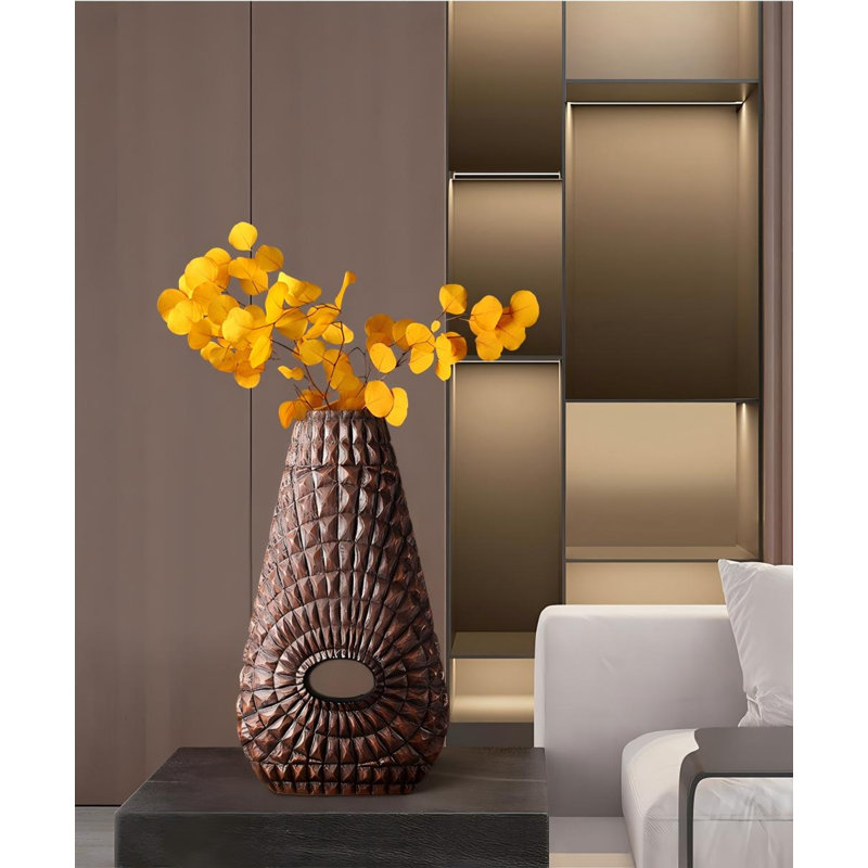 Vase de table antique en résine sculptée brun antique Sunburst