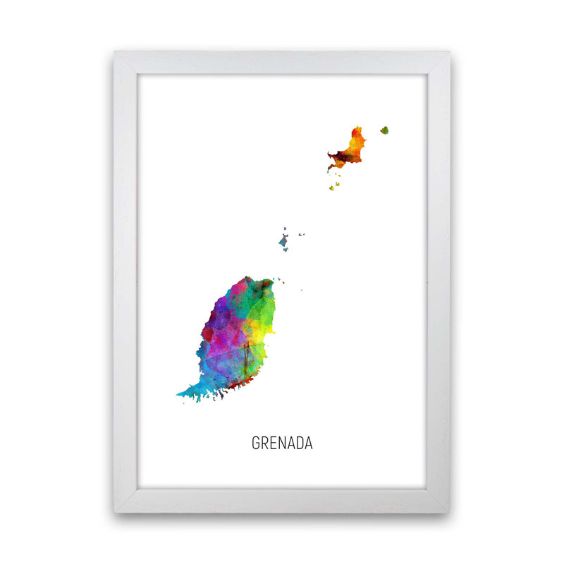 Grenada Watercolour Map by Michael Tompsett - Print, White Framed, 88cm H x 64cm W x 3cm D
