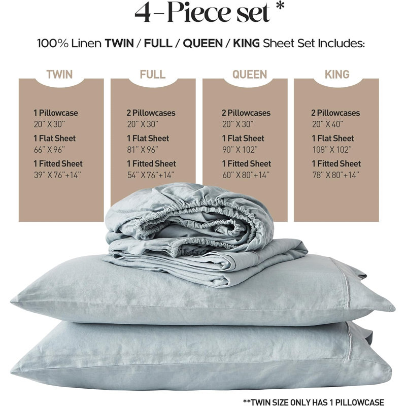 Ensemble de draps 100% lin pur, Twin Sheet Set with 1 Pillowcase, Bleu cendré