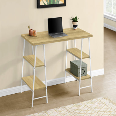 Bureau d'ordinateur, bureau personnel, ordinateur portable, tablettes de rangement, L 48 po, travail, stratifié naturel, métal blanc, contemporain, moderne