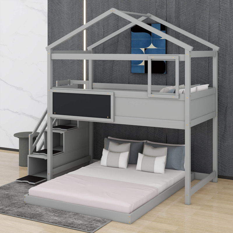 Twin Over Full House Bunk Bed With Blackboard And Storage Staircase, Gray