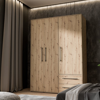 Timeless, scandi style wardrobe with 3 turning doors and 2 drawers, spacious interior, engineered wood, warm oak decor, 144.4 cm W x 200.1 cm H x 58.8 cm D
