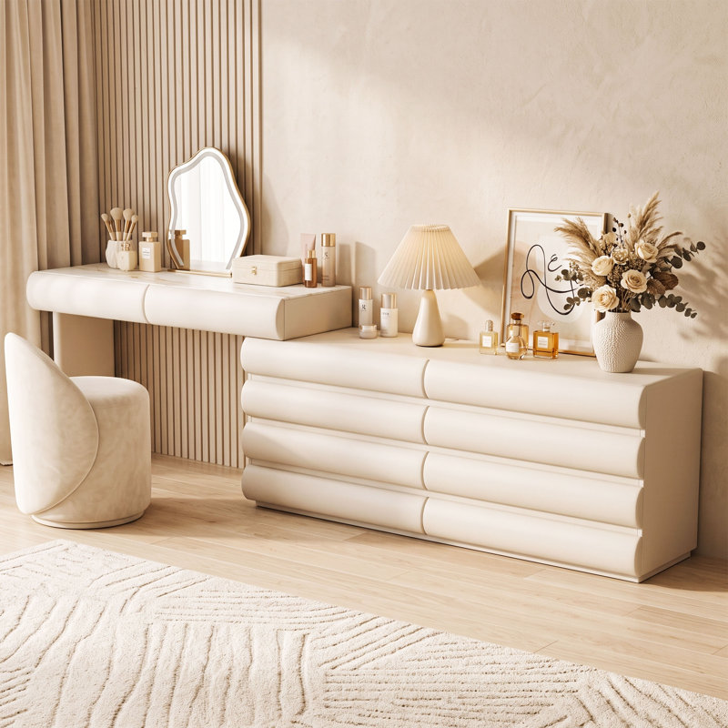 Coiffeuse extensible blanc crème avec tiroirs incurvés et 10 tiroirs de rangement, coiffeuse suspendue moderne avec commode pour chambre à coucher