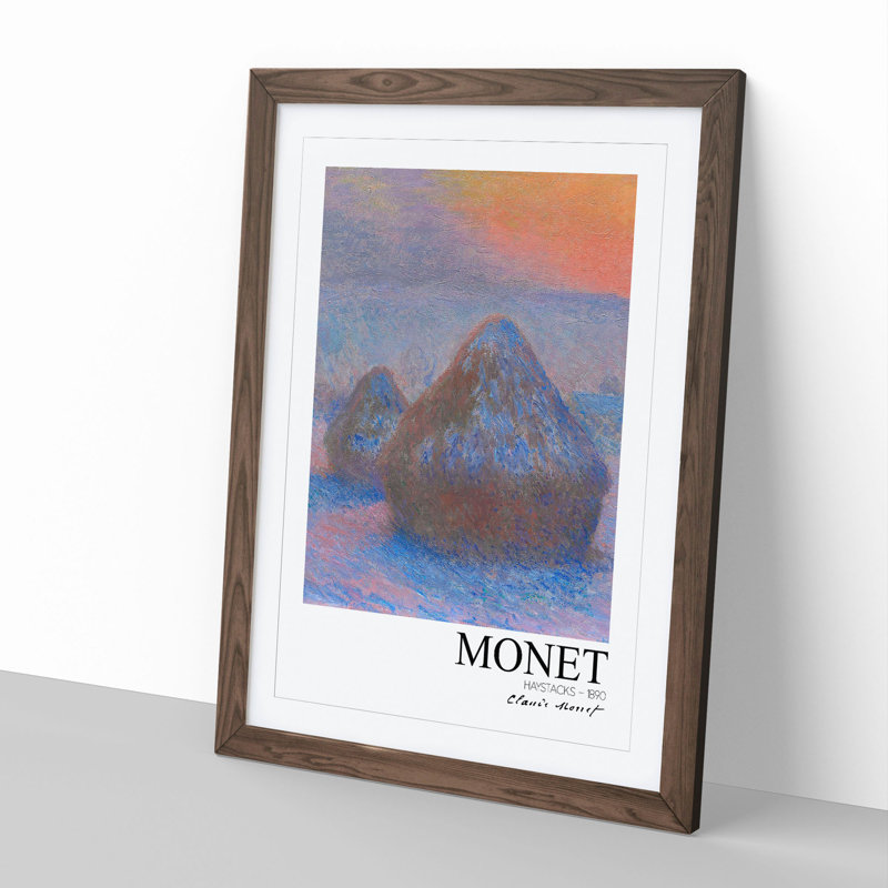 Haystacks with Border by Claude Monet - Picture Frame Painting, Walnut Framed, 48cm H x 36cm W x 2cm D