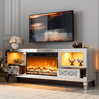  Mirrored Tv Stand With 23” Fireplace For 65+ Inch Tv, Silver Crushed Diamond Fireplace Tv Stand With Led Light, Modern Entertainment Centre With Storage Shelves & Drawers For Living Room