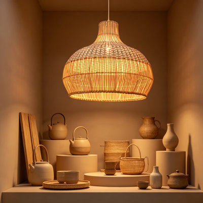 1 Light White Rattan Pendant Light, Handmade Wicker Hanging Ceiling Light Chandelier, Woven Lampshade For Kitchen Island, 19.68In X 17.68In