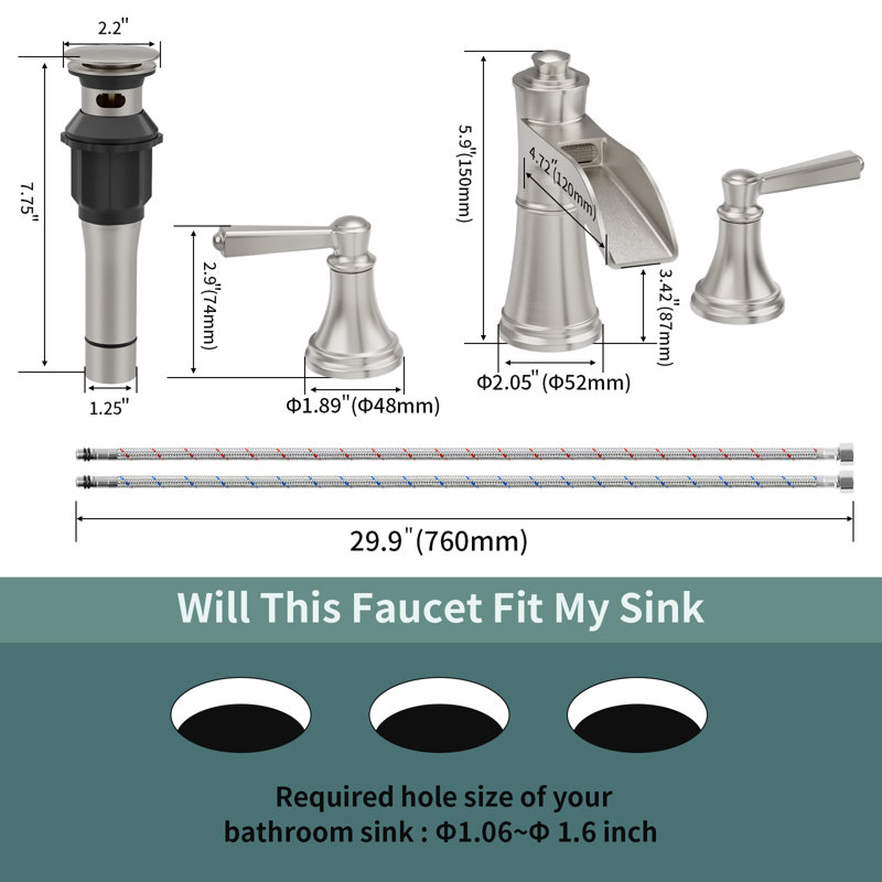 Waterfall 8 In. Widespread Double-Handle Bathroom Faucet Set 3-Holes Vanity Sink With Metal Drain, Brushed Nickel