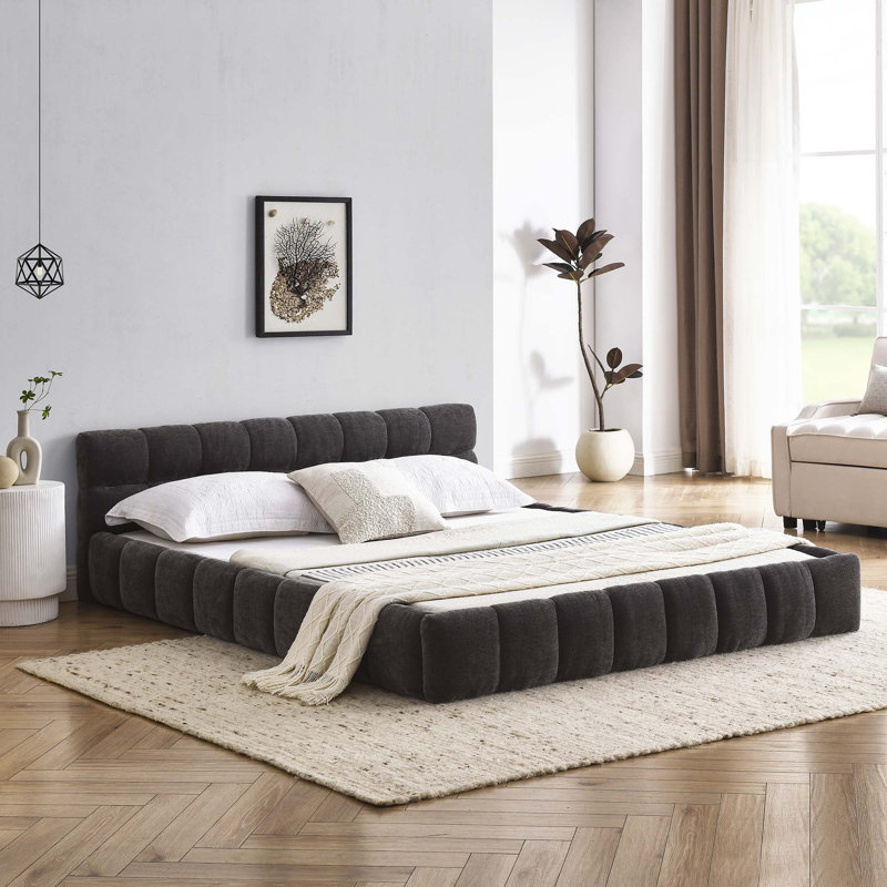 Structure de lit tapissier grand en chenille avec tissu épais, Gris foncé