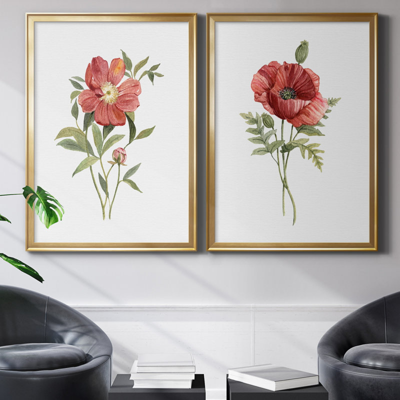 Pivoine écarlate - ensemble de 2 reproductions d'art, Pas de tapis, H 26,5 po x l 73 po x P 1,5 po, Toile encadrée d'or