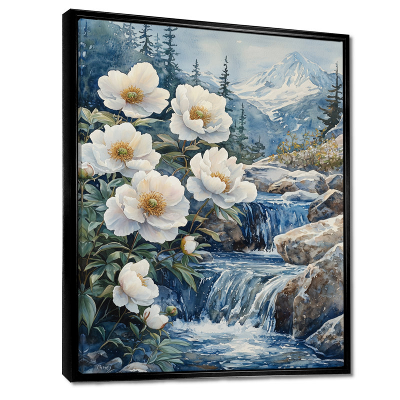 Giullia, pivoines blanches et eaux glaciaires II - pivoines, art mural, Noir, Reproduction avec cadre flottant