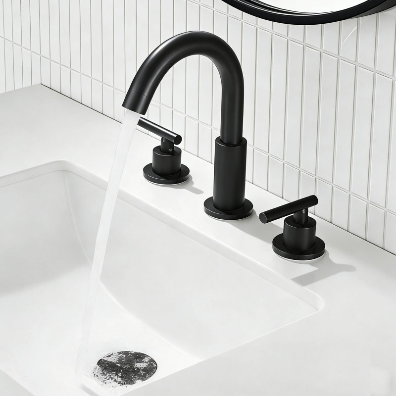 8-2/5" Solid Brass Two Handle Widespread Bathroom Sink Faucet With Drain Assembly, Matte Black, Lever Handle