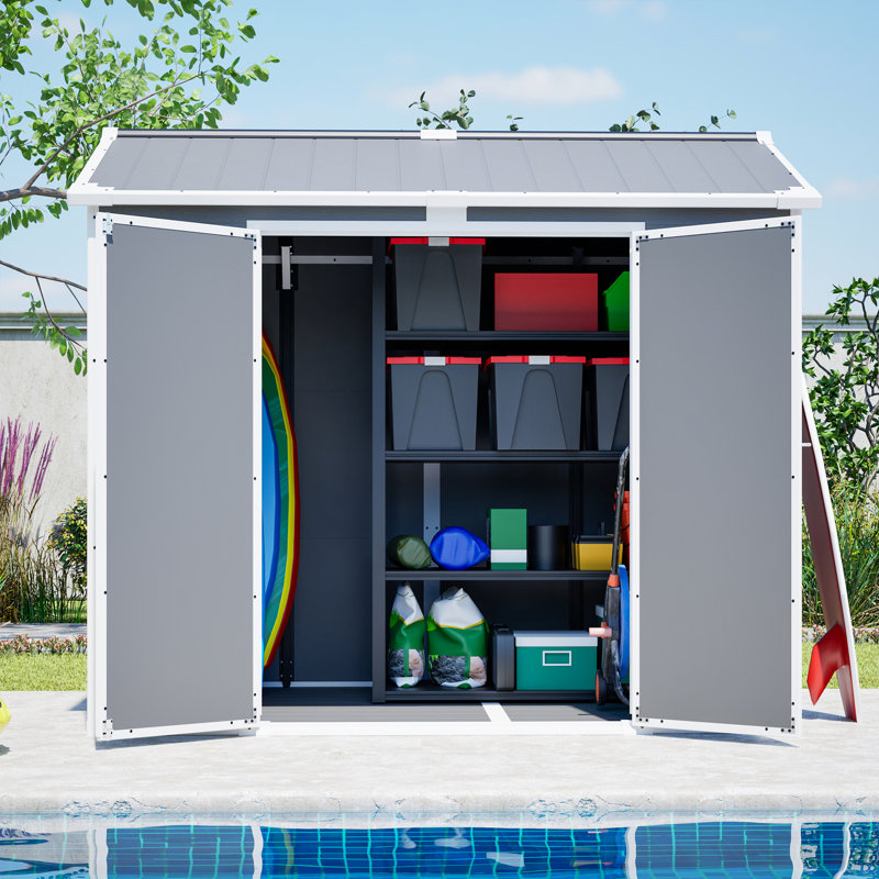 Abri de jardin en plastique gris 8 x 6 pi, rangement verrouillable pour les tondeuses à gazon et les outils, abri extérieur toutes saisons avec structure à circulation d'air, simple à construire soi-même