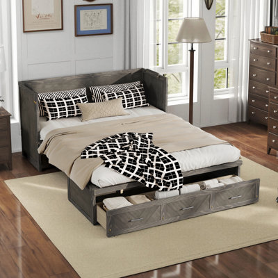 Queen Size Murphy Bed Cabinet, Pine Wood Frame with Herringbone Geometric Panel, Built-in USB Charging Station & Storage Drawer
