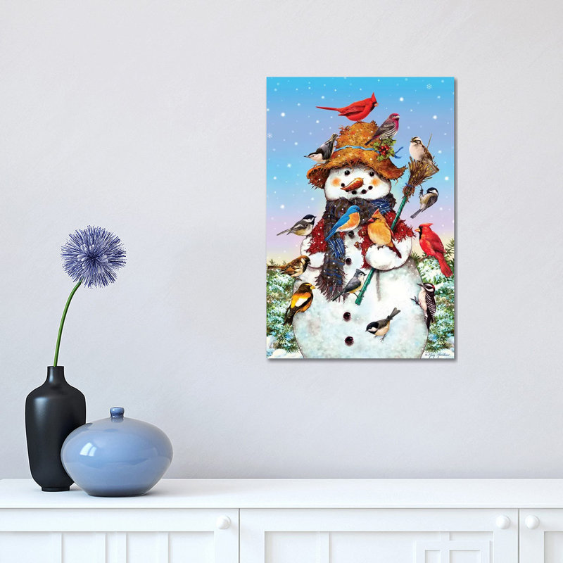 Birds And Snowman - Wrapped Canvas Print, 30.48 cm H x 45.72 cm W