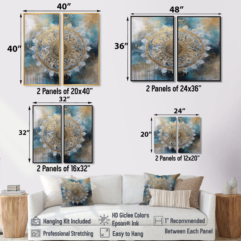 Bleu sarcelle et mandala doré III - motifs géométriques boho mandala sur toile, 2 panneaux, 40" H x 40" W, White