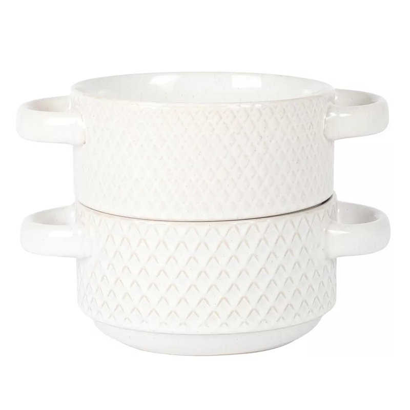 Ensemble de bols à soupe en grès nervuré 2 pièces 2 pièces avec poignées, blanc, allant au micro-ondes et au lave-vaisselle