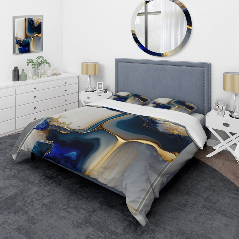 Forme géométrique abstraite en marbre doré et bleu I - ensemble de housse de couette moderne - microfibre de polyester