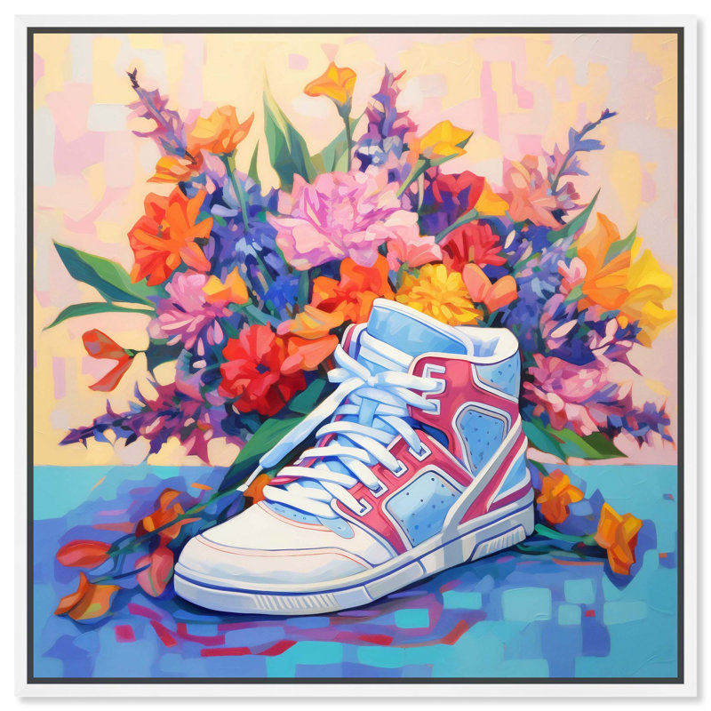 Art coloré sur toile Sneaker Bouquet II , H 31 po x l 31 po, Cadre flottant blanc