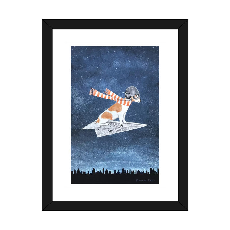 Jack Russell sur un avion en papier par Coco De Paris - impression d'art graphique, Blanc, Papier encadré noir