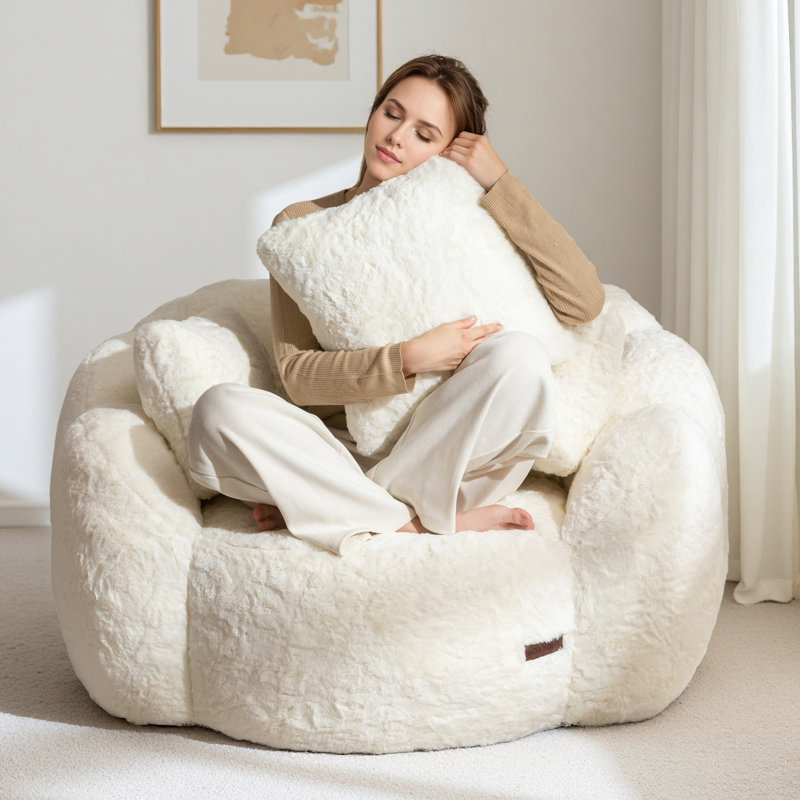 Oversized Floral Shaped Bean Bag Chair with 3 Pillows, Beige Faux Fur