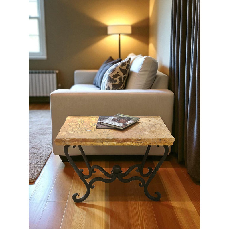 Chiseled Rectangular Peach Travertine Top Side Table: Hand-forged Iron Base - Mexports By Susana Molina