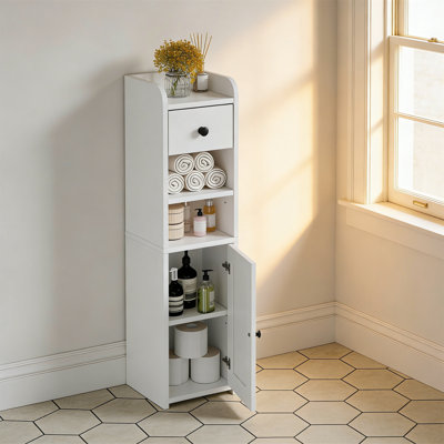 Small Bathroom Corner Cabinet With Toilet Paper Holder, Doors, And Drawer