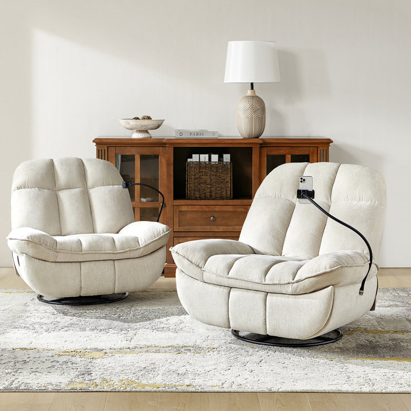 Jace Modern Upholstered Manual Swivel Rocker Recliner with Phone Holder, Beige