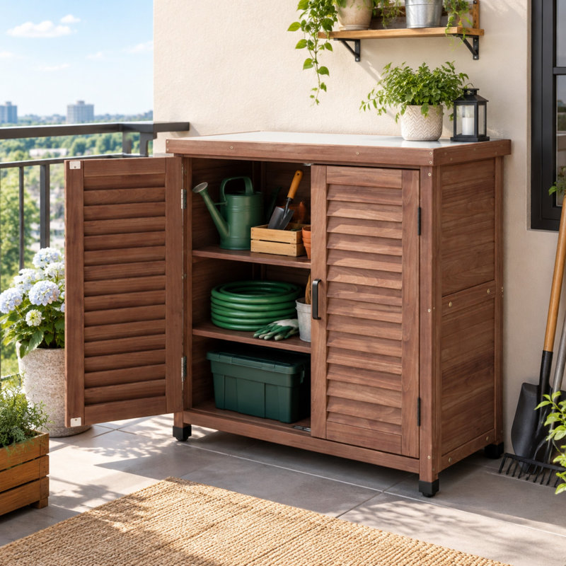 Banc d'extérieur en bois massif avec armoire de rangement et plateau en métal, Brun