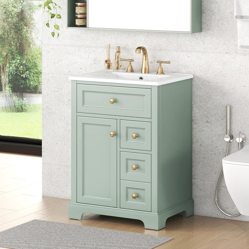 Meuble-lavabo de salle de bain avec support de rangement à 2 niveaux, Vert