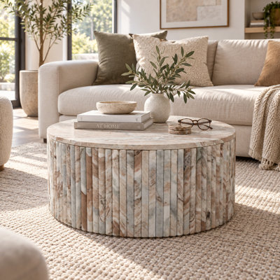 Sculptural Round Marble Coffee Table for Living Room Centerpiece - Modern Fluted Accent with Textured Natural Base for Home Use - 32", Brown & White