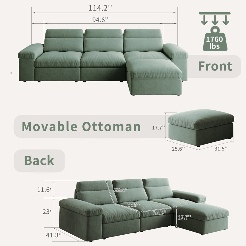 114"W Modular Sectional Sofa With Down Feather Filled And Adjustable Backrest, L-Shaped Comfy Cloud Couch With Storage Ottoman For Living Room