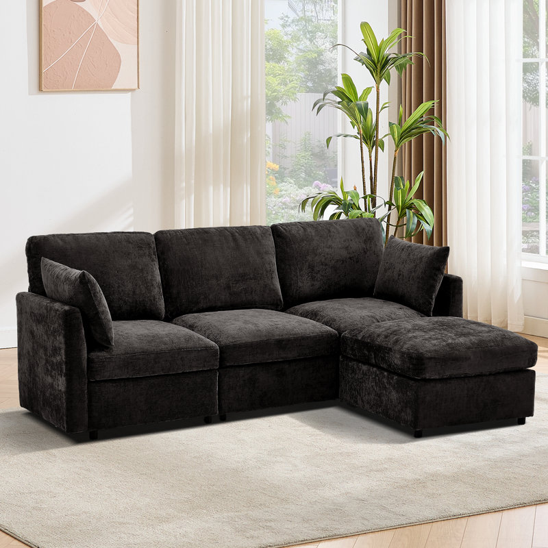 Canapé modulaire réversible avec repose-pieds 4 pièces Sarang, Mélange de polyester noir