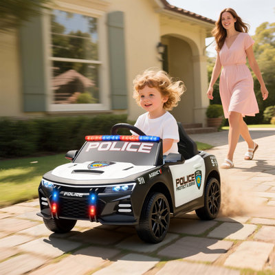 Kids Electric Ride on Police Car, 12V Battery Powered Car, White