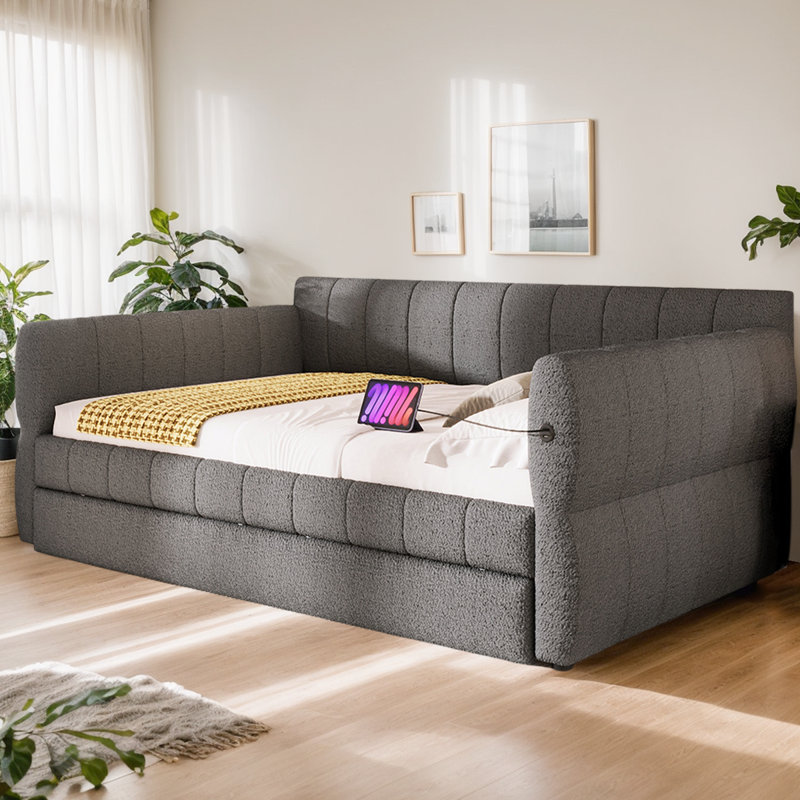 Grand lit tapissier avec couchette peu encombrant - chargement USB, structure robuste, sans sommier, gris