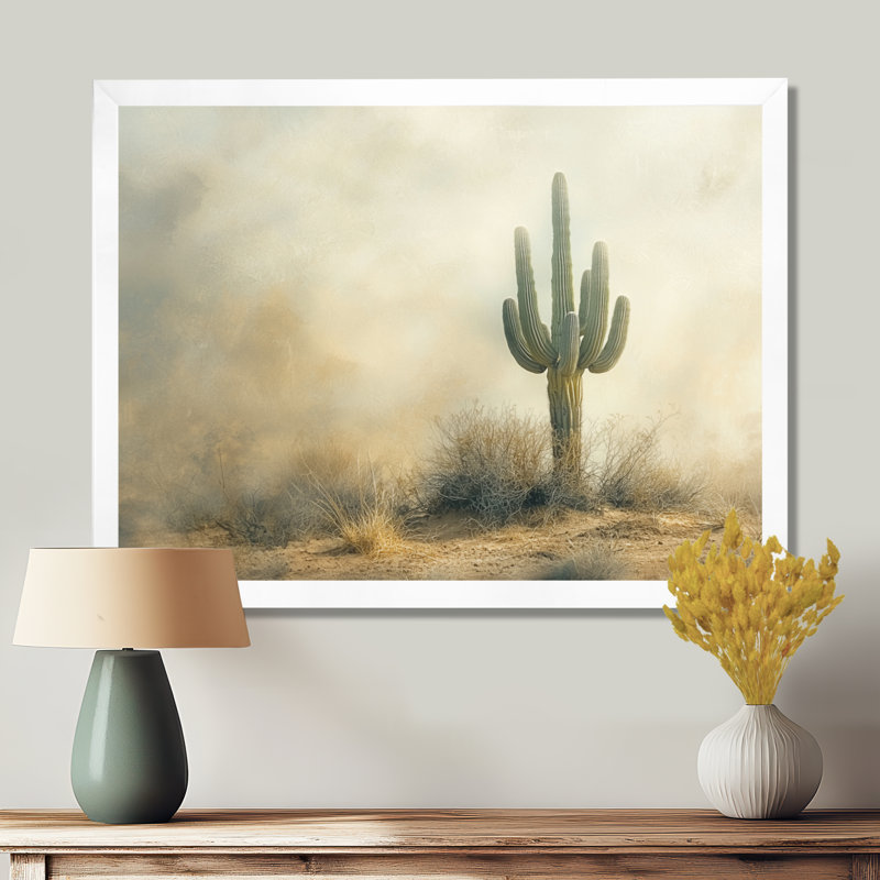 Cactus tempête de sable II - cactus, art mural, H 24 po x l 32 po, Cadre simple, Blanc