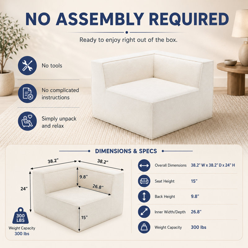 Comfy Cloud 38" Modular Corner Chair, Compression Foam Sofa Module, No Assembly Required, Beige Polyester