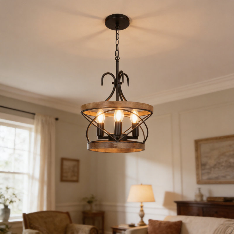 Lustre campagnard unique en bois à 4 lumières avec ampoules