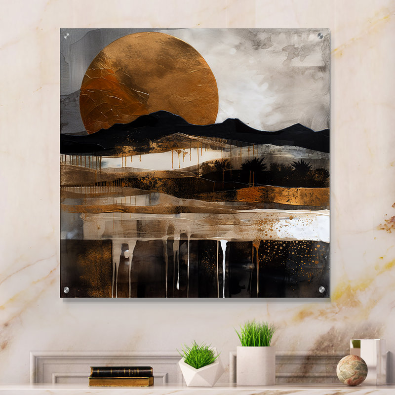 «Exploration de la lune dorée évolutive IV», art mural moderne en acrylique pour la cuisine, H 36 po x l 36 po