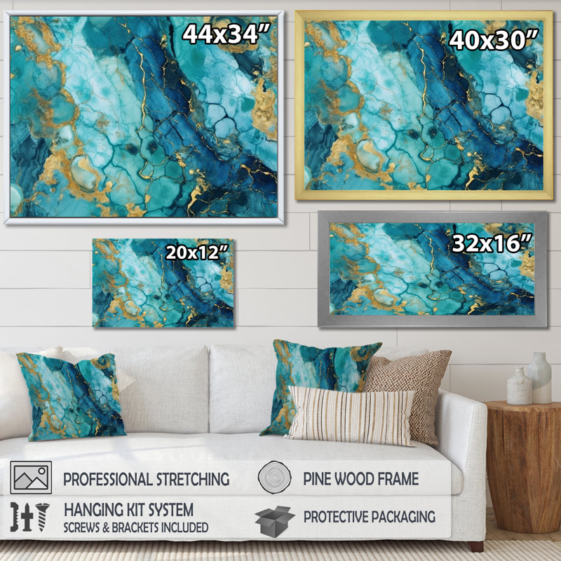 Turquoise luxueux, art fluide abstrait VII - Art abstrait encadré, 30" H x 40" W, Cadre flottant doré