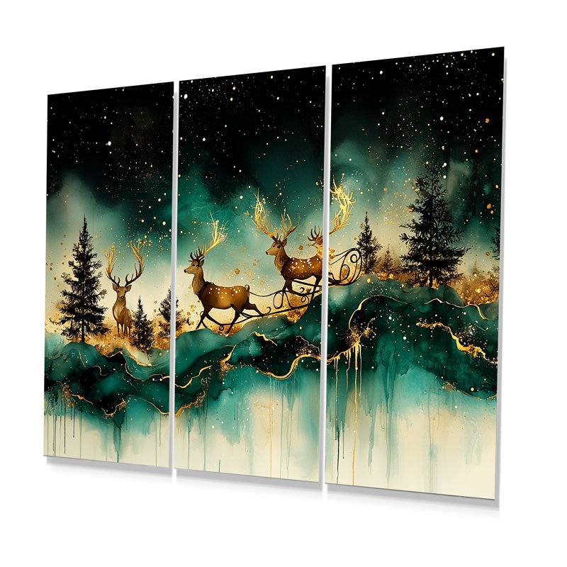 Ensemble de salon de Noël avec renne de Noël en traîneau amusant, Toile tendue, H 28 po x l 36 po x P 1 po